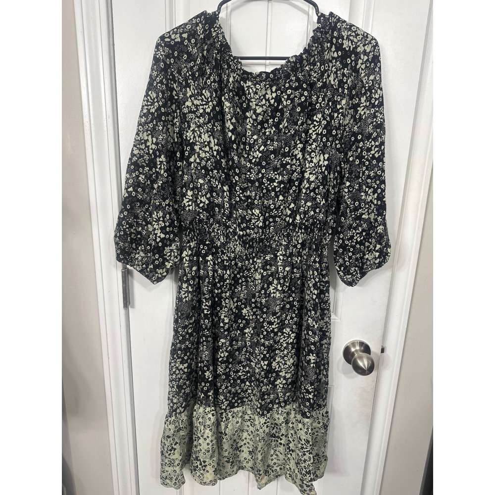 Knox Rose Black Green Floral Smocked Waist Midi Dress Womens Medium Boho Ruffle - Picture 6 of 12